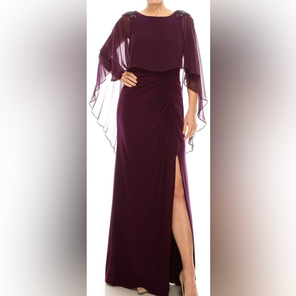 Adrianna Papelle Ruched high slit cape dress